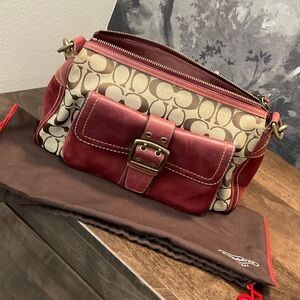 Coach Burgundy and Beige Signature Shoulder Bag